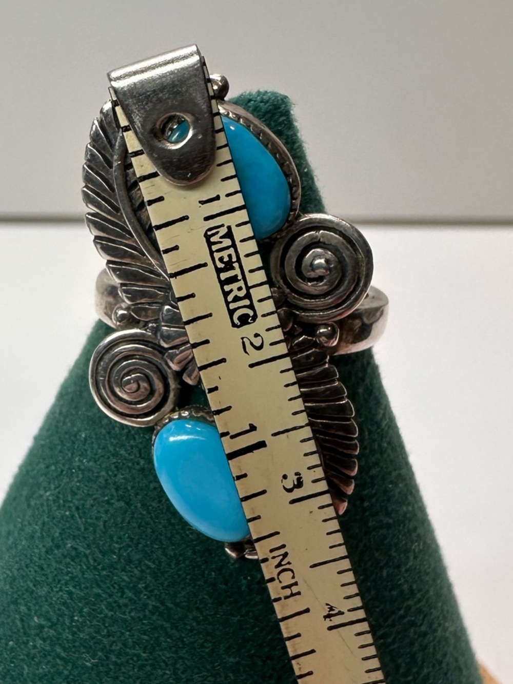 Turquoise Double-Stone Sterling Silver Feather Flower Ring - Picture 7 of 15